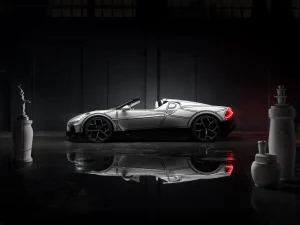The Bugatti Mistral Blanc Éternel hypercar featuring hand-painted black lines and porcelain details