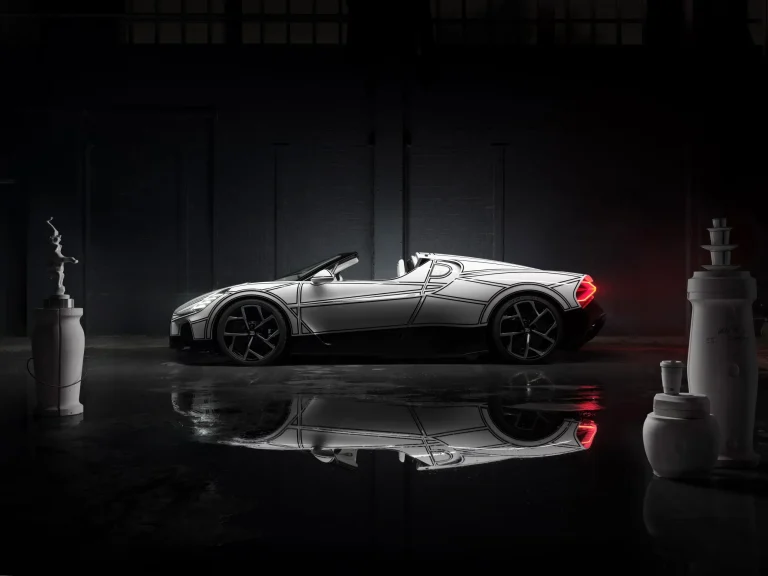 The Bugatti Mistral Blanc Éternel hypercar featuring hand-painted black lines and porcelain details