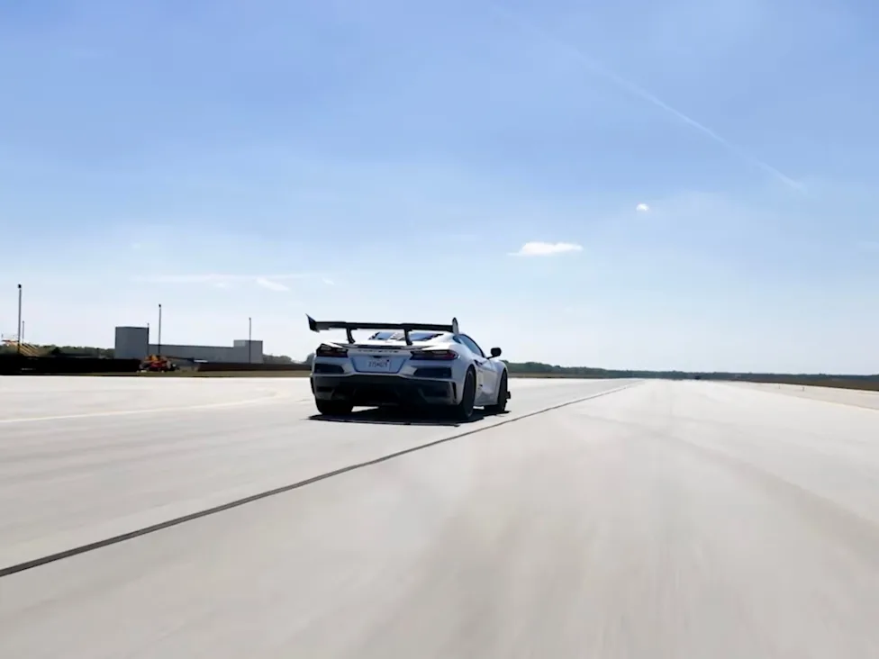 Chevrolet Corvette ZR1X undergoing high-speed acceleration and braking tests on a runway