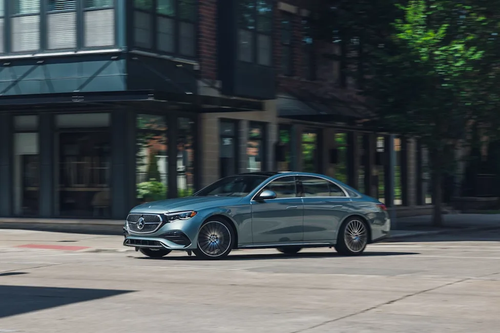 Exterior side view of the 2026 Mercedes-Benz E450 luxury sedan