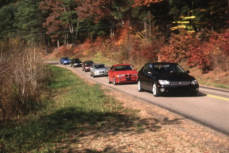 Side-by-side lineup of 2001 sports sedans featured in the comparison test photo gallery