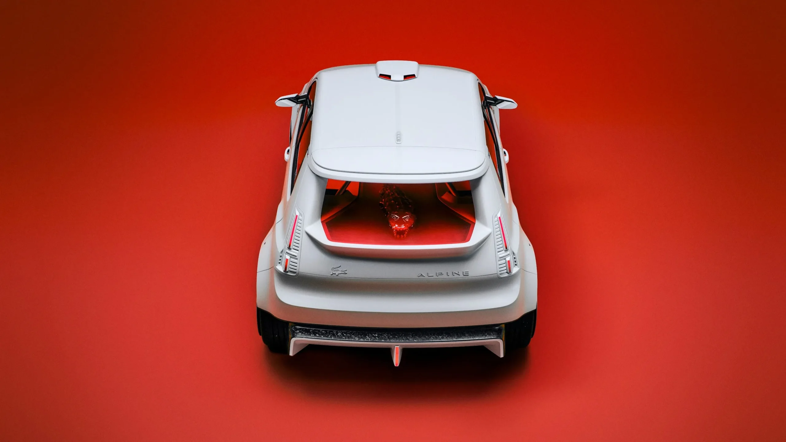 The Alpine A290 Lacoste Rallye electric hot hatch featuring a matte white exterior and red crocodile design details on the