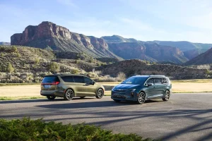 The front profile of the 2027 Chrysler Pacifica family minivan showing its updated design