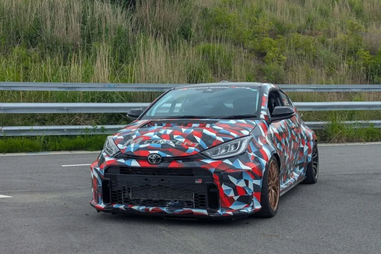 Toyota M Concept mid-engine prototype test mule driving on a test track