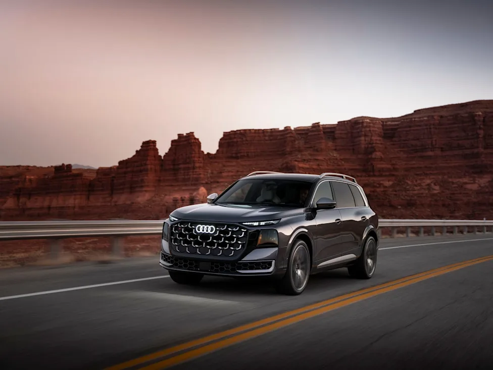 Exterior view of the 2027 Audi SQ9 luxury performance SUV showing hexagonal grille and sleek body design