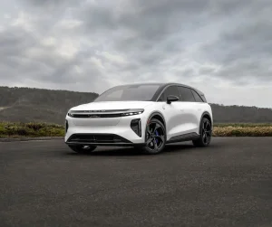 Exterior view of the 2027 Lucid Gravity GT-S electric SUV with blue brake calipers
