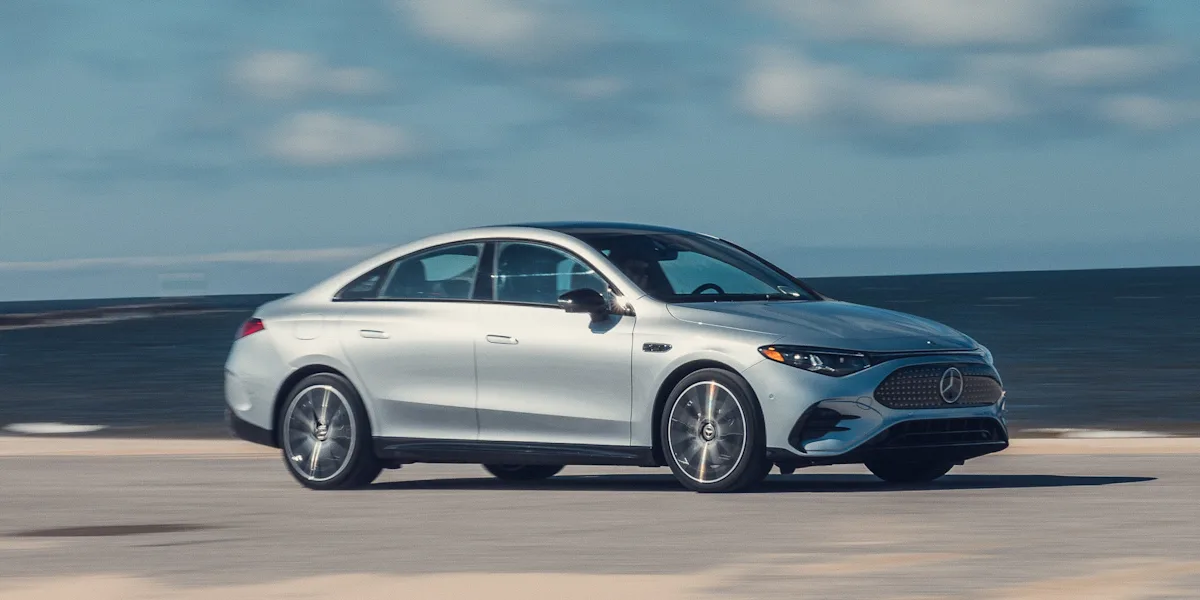 The exterior of the 2026 Mercedes-Benz CLA250+ electric sedan showing its traditional styling and star-studded front fascia