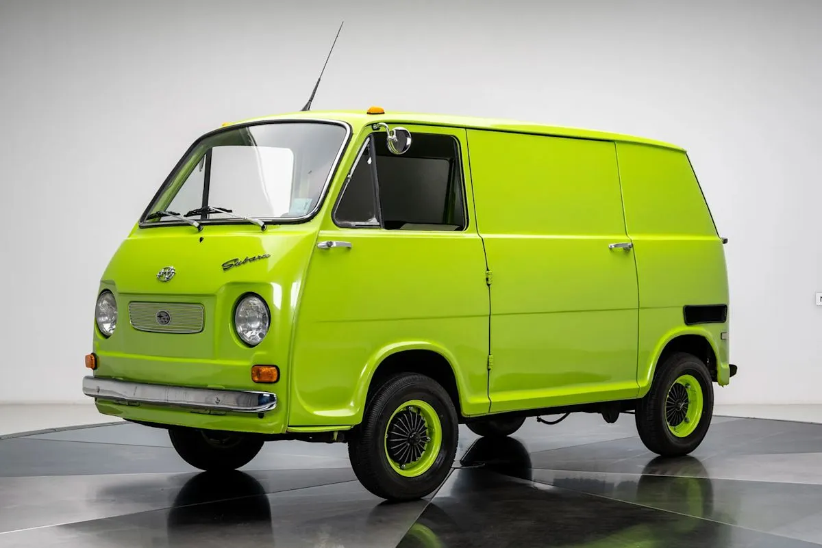 A front view of the rare metallic lime green 1969 Subaru Sambar 360 Van