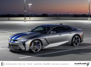 The conceptual design of the 2029 Chevrolet Camaro sedan highlighting a fastback roofline and aggressive styling.