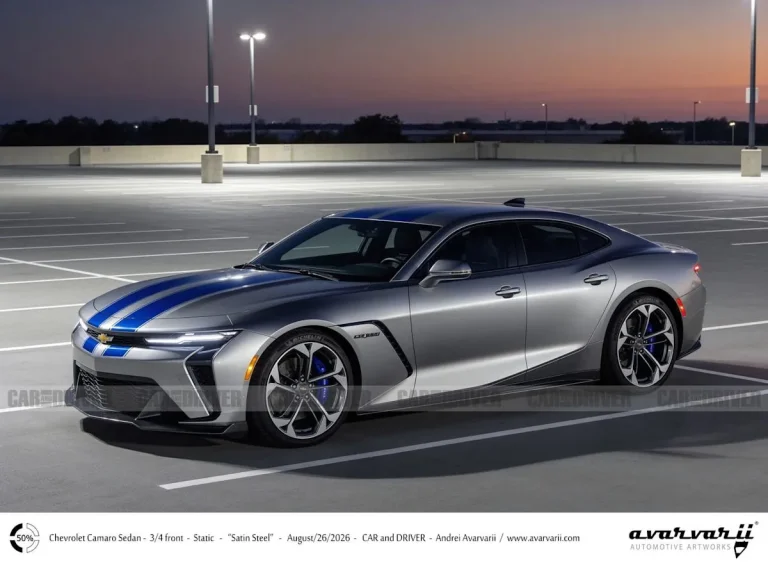 The conceptual design of the 2029 Chevrolet Camaro sedan highlighting a fastback roofline and aggressive styling.