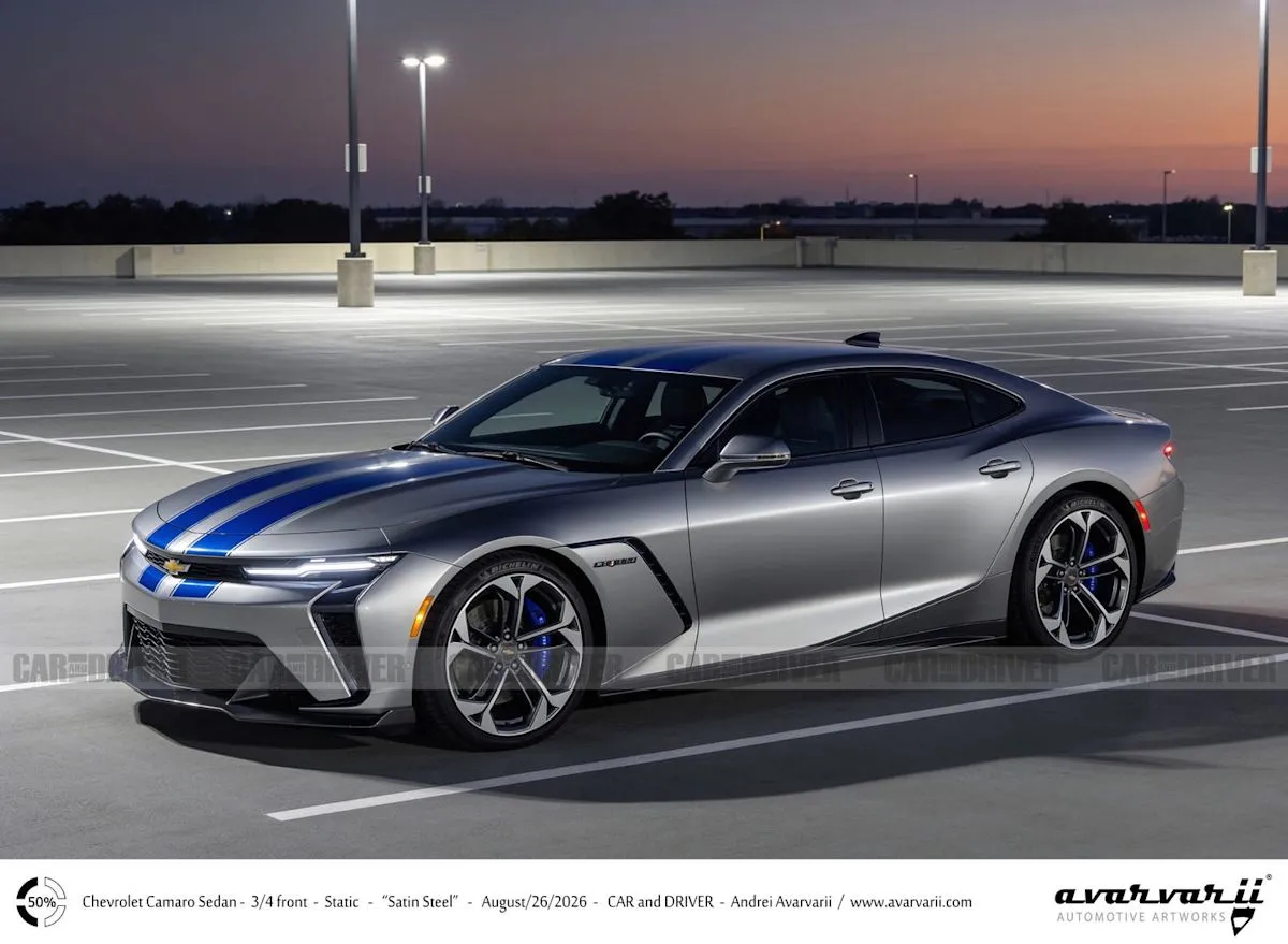 The conceptual design of the 2029 Chevrolet Camaro sedan highlighting a fastback roofline and aggressive styling.