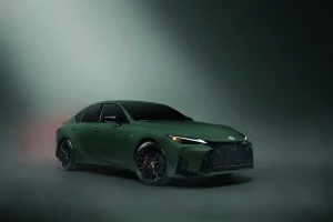 The limited-edition 2027 Lexus IS sports sedan in Envious green paint