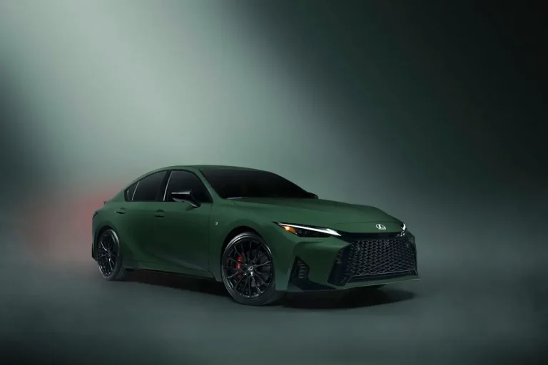 The limited-edition 2027 Lexus IS sports sedan in Envious green paint