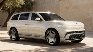 The side profile of the 2027 Genesis GV90 showing its innovative pillarless coach doors open to reveal a luxurious cabin.