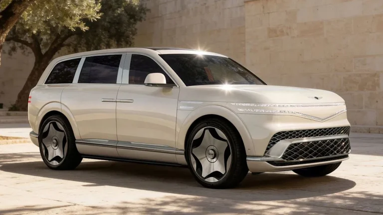 The side profile of the 2027 Genesis GV90 showing its innovative pillarless coach doors open to reveal a luxurious cabin.