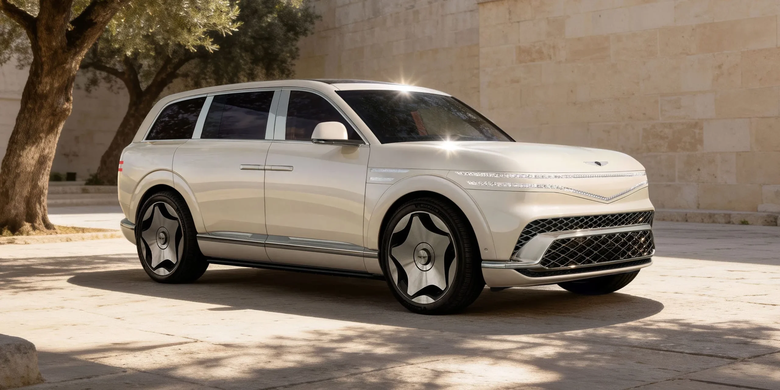 The ultra-luxury 2027 Genesis GV90 Neolun electric flagship SUV showcasing its rear-opening coach doors and premium cabin