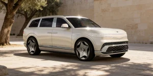 The ultra-luxury 2027 Genesis GV90 Neolun electric flagship SUV showcasing its rear-opening coach doors and premium cabin