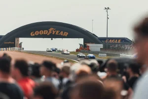 Ford Mustang GT3 racing at the 24 Hours of Le Mans near the Goodyear Bridge