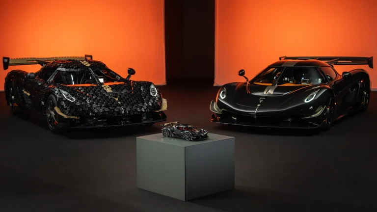 Lego Technic Koenigsegg Sadair's Spear display model and full-scale version