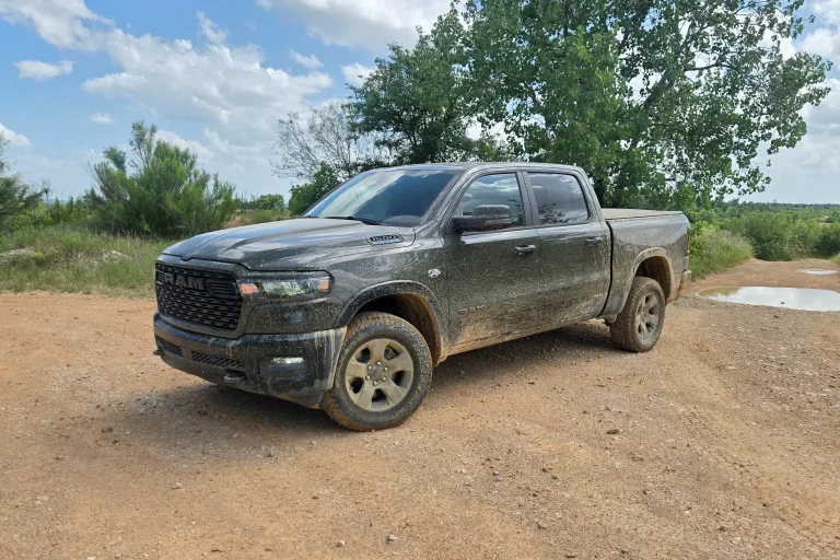 The 2027 Ram 1500 BackCountry off-road pickup truck negotiating a trail