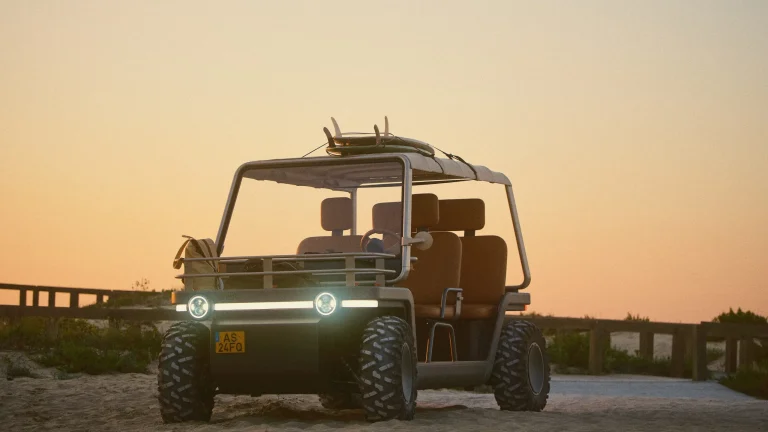 The Amble One electric beach buggy, a stylish and doorless luxury low-speed vehicle designed for resorts and short open-air