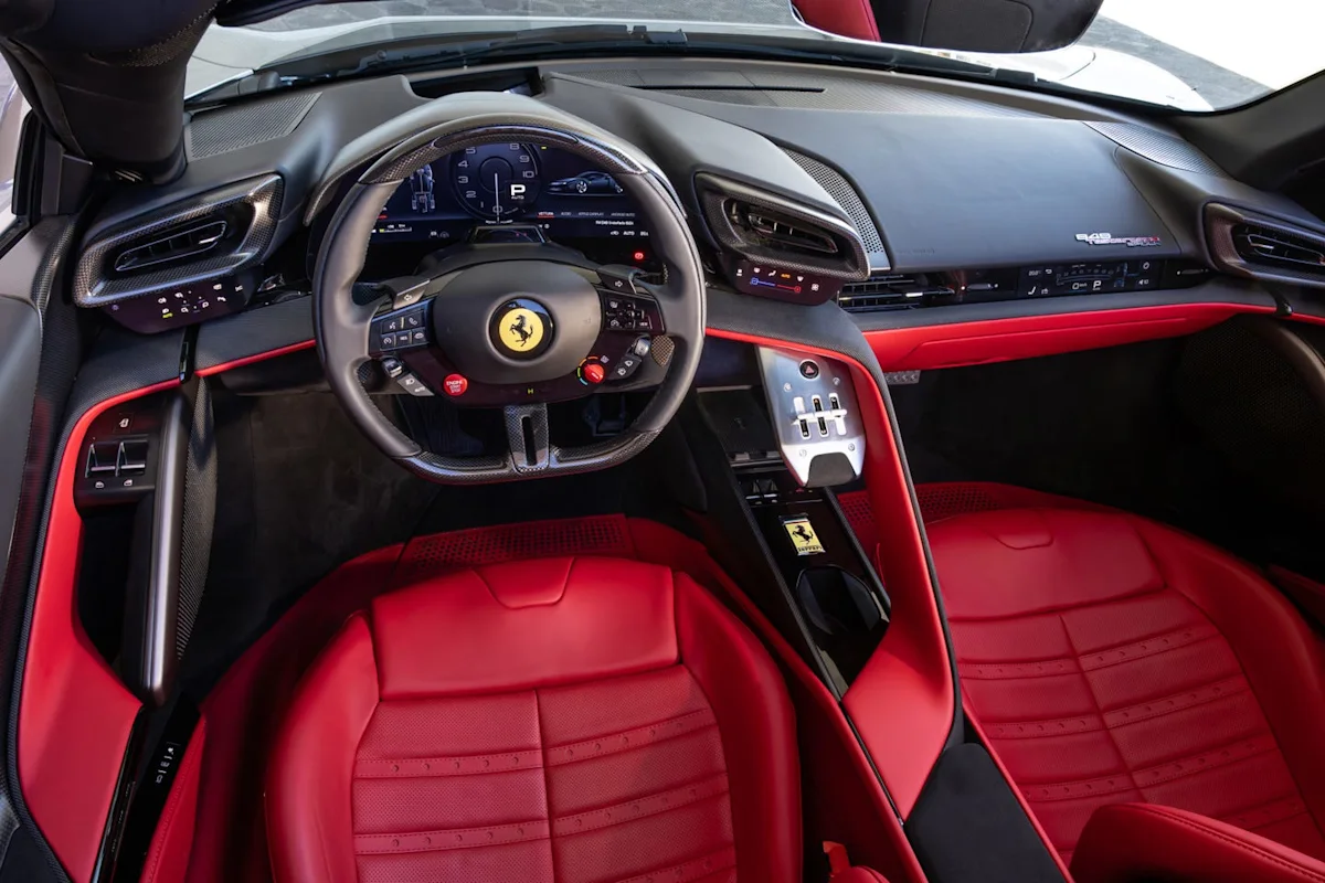 The minimalist, driver-focused cockpit of the 2027 Ferrari 849 Testarossa Spider