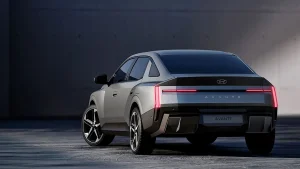 The newly redesigned 2027 Hyundai Elantra with sharp angular styling shown at its global debut.