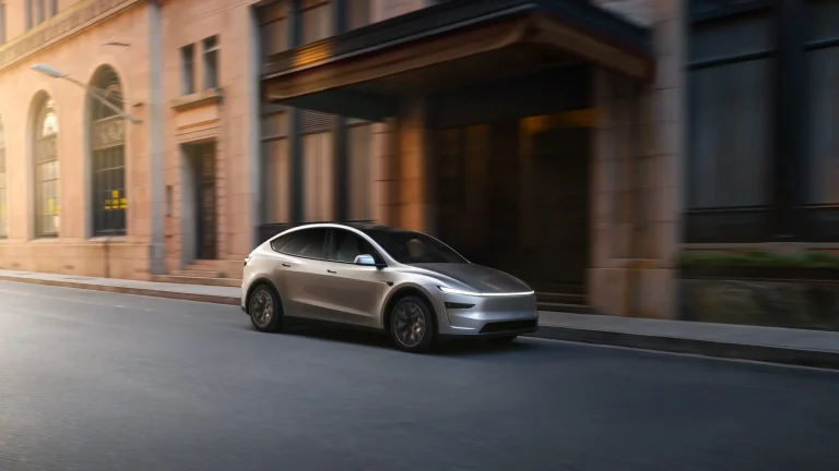 The Tesla Model Y L featuring a longer wheelbase and taller roofline.