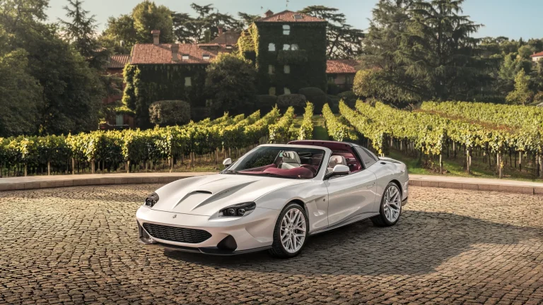 White Touring Superleggera Veloce12 Aperta luxury sports car with open targa top
