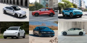 A lineup of modern electric vehicles representing affordable alternatives in the EV market