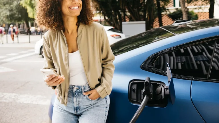 A modern electric vehicle charging at a station representing owner satisfaction.
