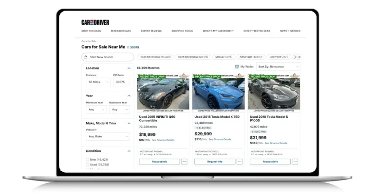 Car and Driver Marketplace interface showing vehicle listings powered by Autotrader