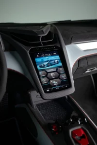 Interior cabin of the 2027 Lamborghini Revuelto SV featuring carbon-fiber bucket seats and digital displays