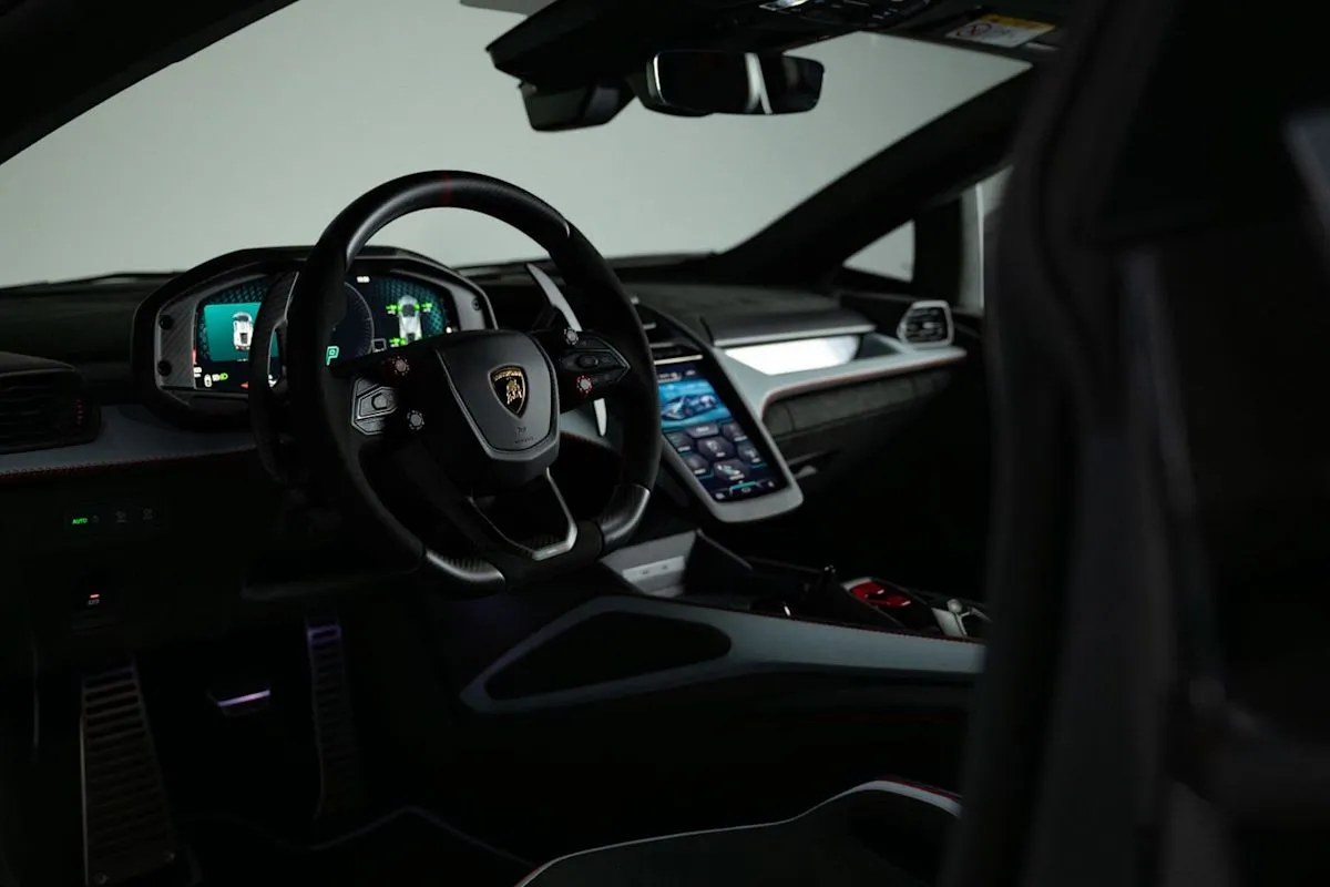 Interior cabin of the 2027 Lamborghini Revuelto SV featuring carbon-fiber bucket seats and digital displays