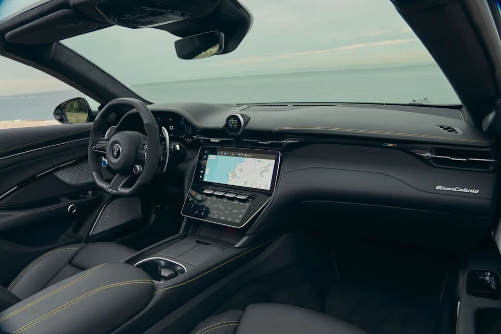 Interior cabin view of the 2027 Maserati GranCabrio Trofeo showing updated controls
