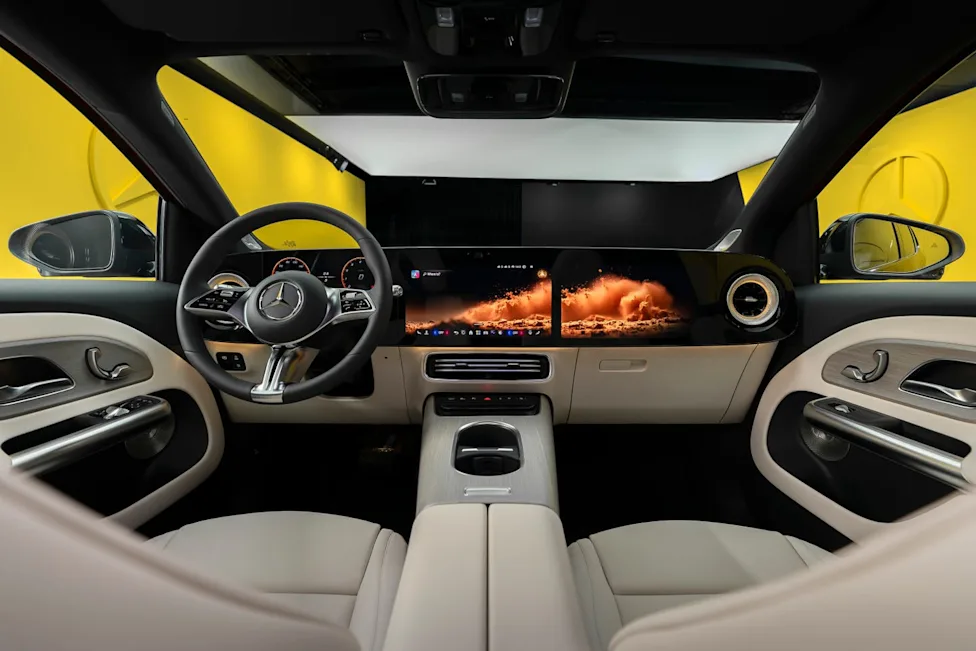 Interior cabin view of the redesigned 2028 Mercedes-Benz GLA-Class featuring a full-width screen display