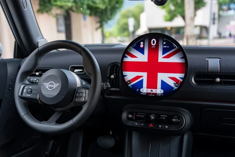 Interior dashboard and steering wheel details of the 2027 Mini Cooper Heritage Edition