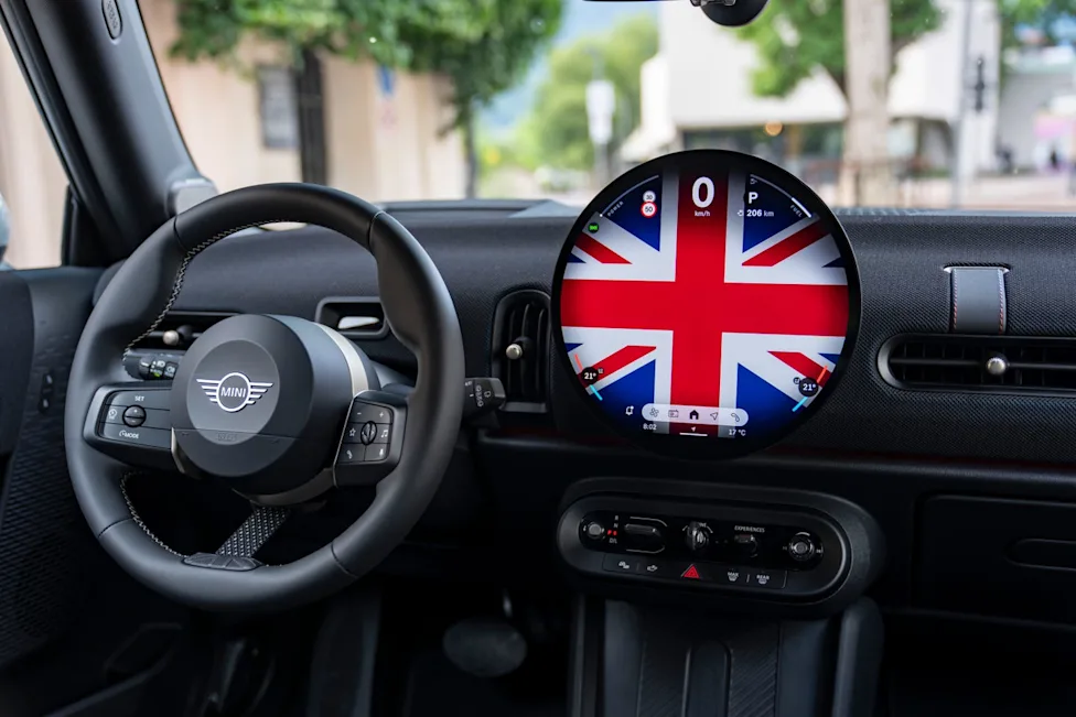 Interior dashboard and steering wheel details of the 2027 Mini Cooper Heritage Edition