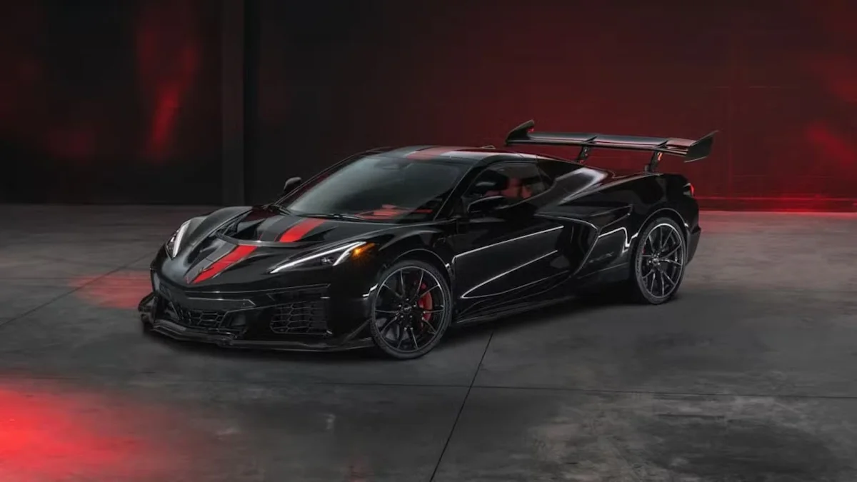 The high-performance Chevrolet Corvette ZR1X hybrid hypercar showing its aggressive rear wing and aerodynamic design.
