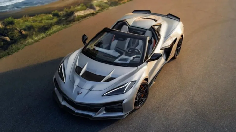 The high-performance Chevrolet Corvette ZR1X hybrid hypercar showing its aggressive rear wing and aerodynamic design.