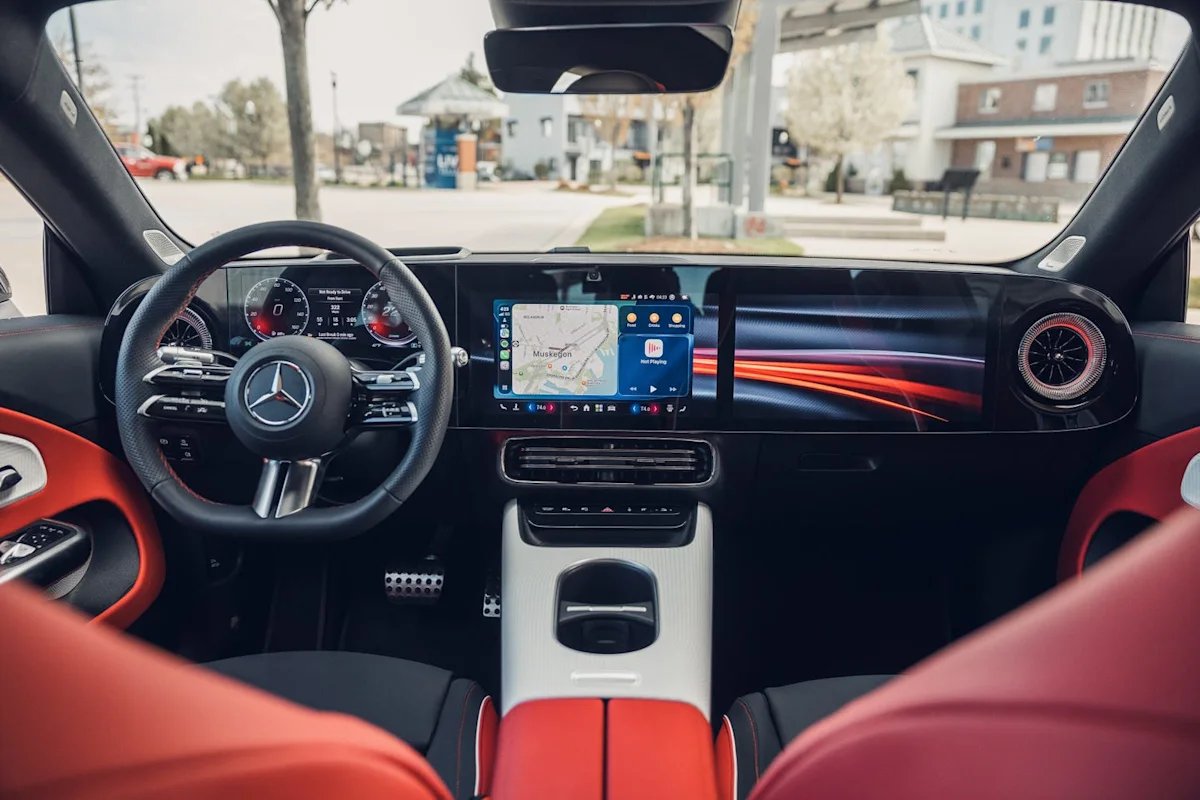 The interior cabin of the 2026 Mercedes-Benz CLA250+ showing the dashboard and seating