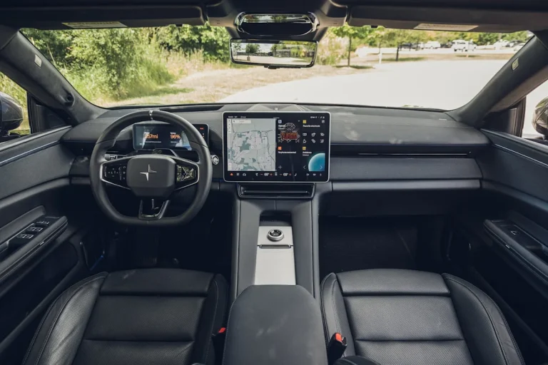 The minimalist cabin and dashboard layout of the 2026 Polestar 4 electric vehicle