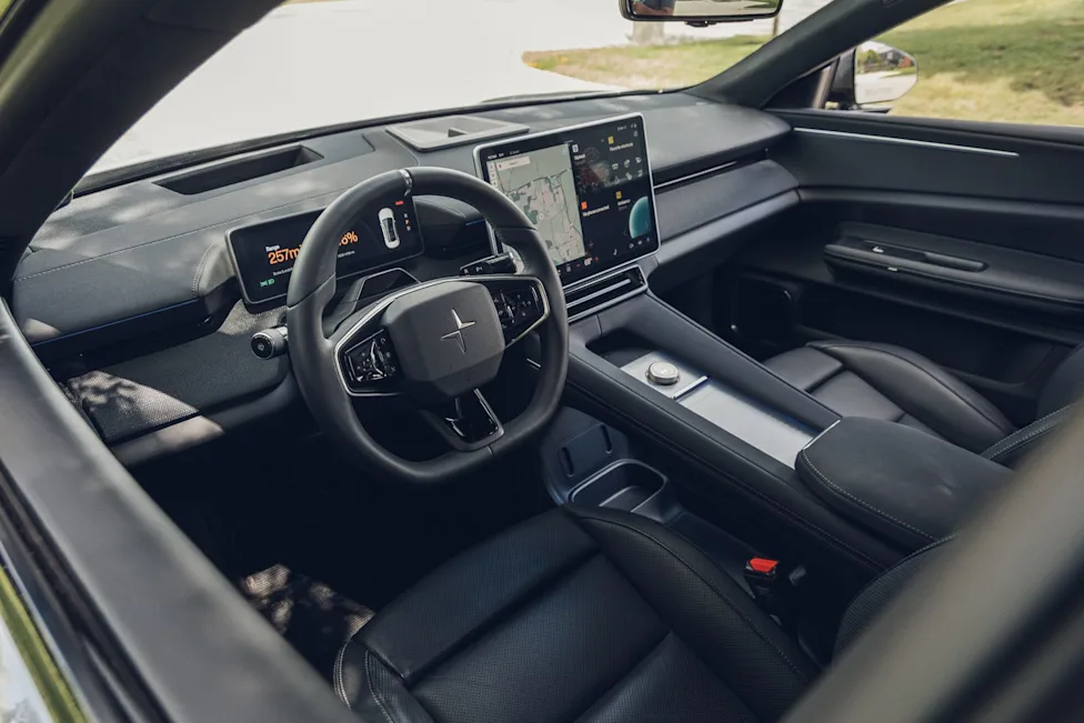 The minimalist cabin and dashboard layout of the 2026 Polestar 4 electric vehicle