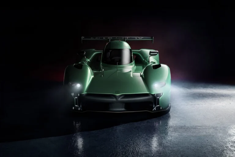 The production-ready McMurtry Speirling Pure electric track car showing its aerodynamic bodywork and compact design.