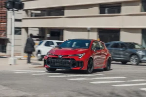 Exterior view of the 2026 Toyota GR Corolla Premium Plus showing its updated front bumper design.