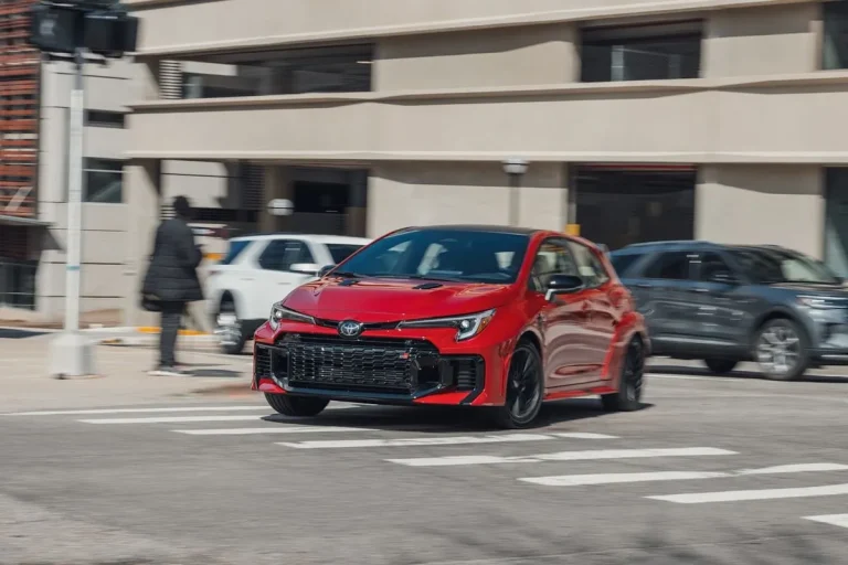 Exterior view of the 2026 Toyota GR Corolla Premium Plus showing its updated front bumper design.