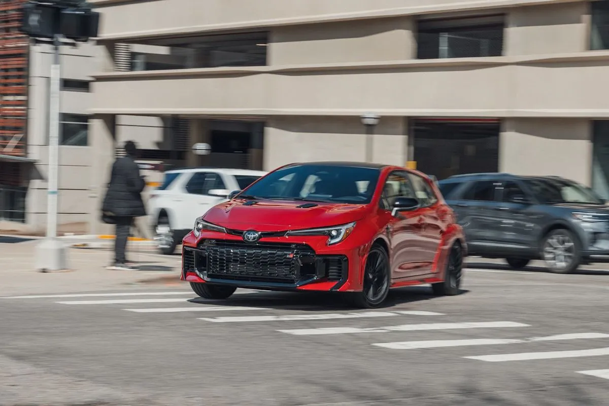 Exterior view of the 2026 Toyota GR Corolla Premium Plus showing its updated front bumper design.