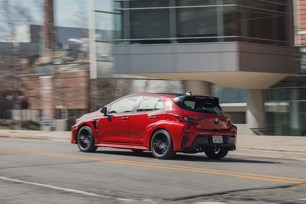 Exterior view of the 2026 Toyota GR Corolla Premium Plus showing its updated front bumper design.