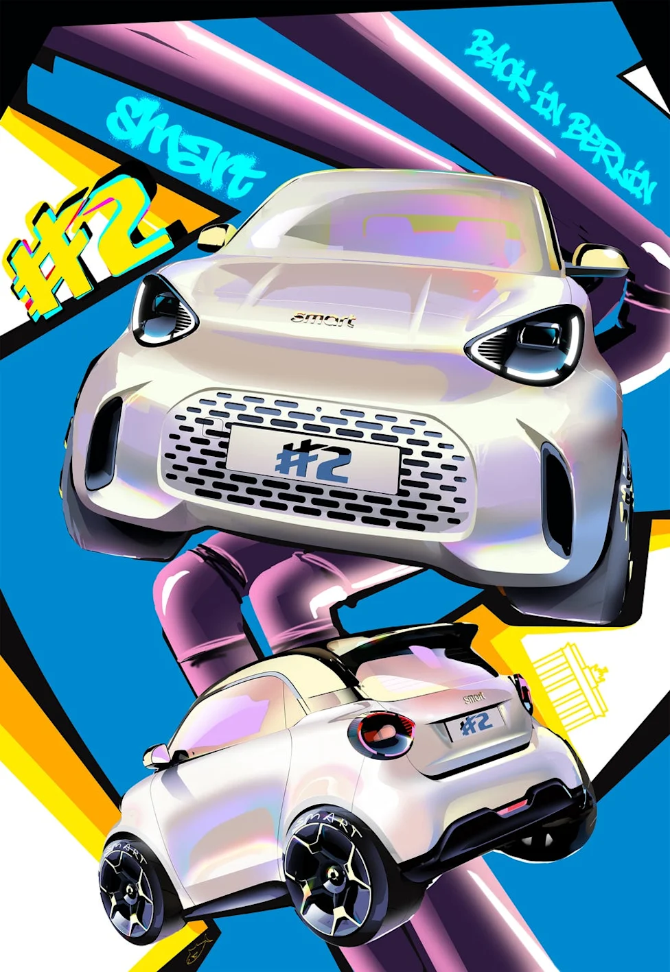 Hand-painted mural showcasing the design of the new Smart #2 electric car