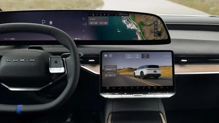 Interior cabin view of the 2027 Lucid Gravity GT-S showcasing blue accents